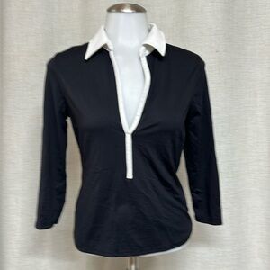 * SALE MODA INTERNATIONAL black white collared stretch pullover top shirt blouse